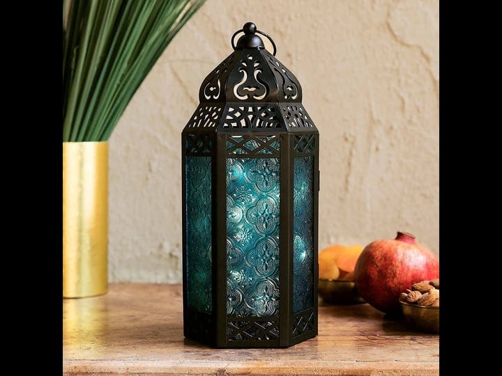 moroccan-lantern-with-fairy-lights-11-inch-tall-blue-colored-glass-1