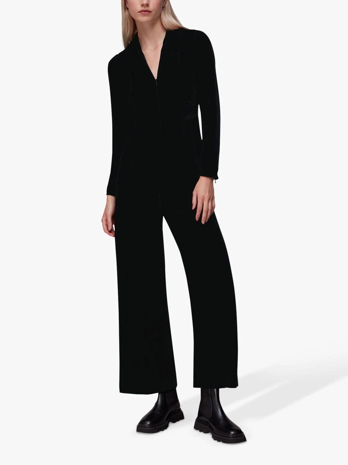 Stylish Black Velvet Zip Front Jumpsuit | Image