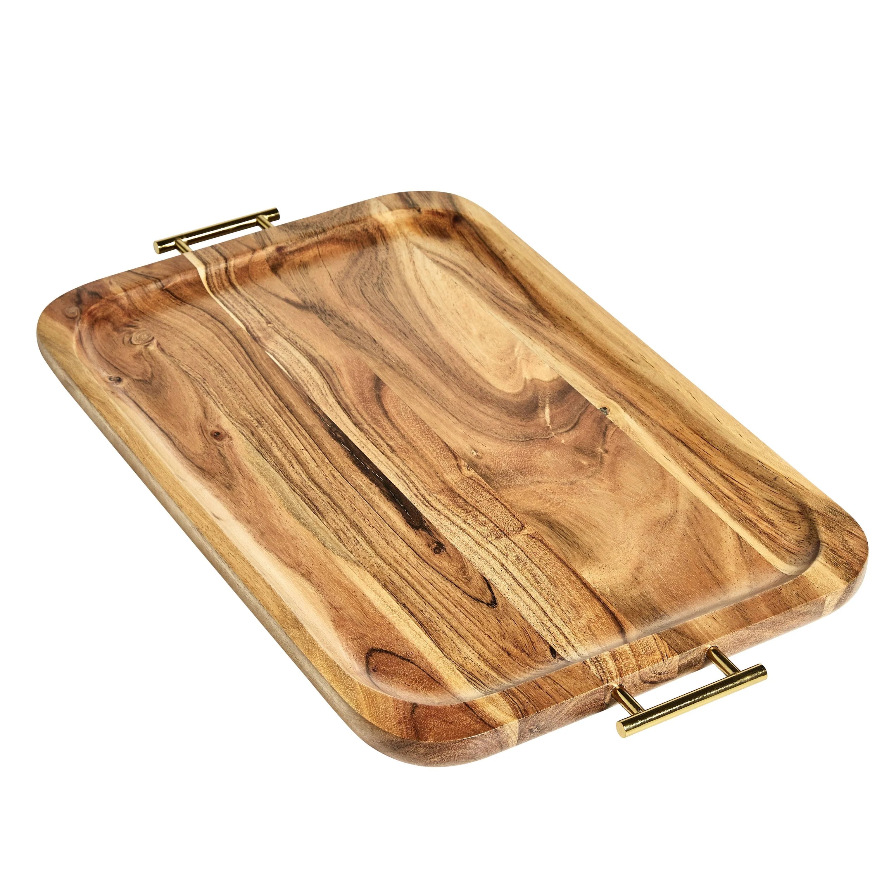 Acacia Wood Rectangle Tea Tray with Gold Handles | Image