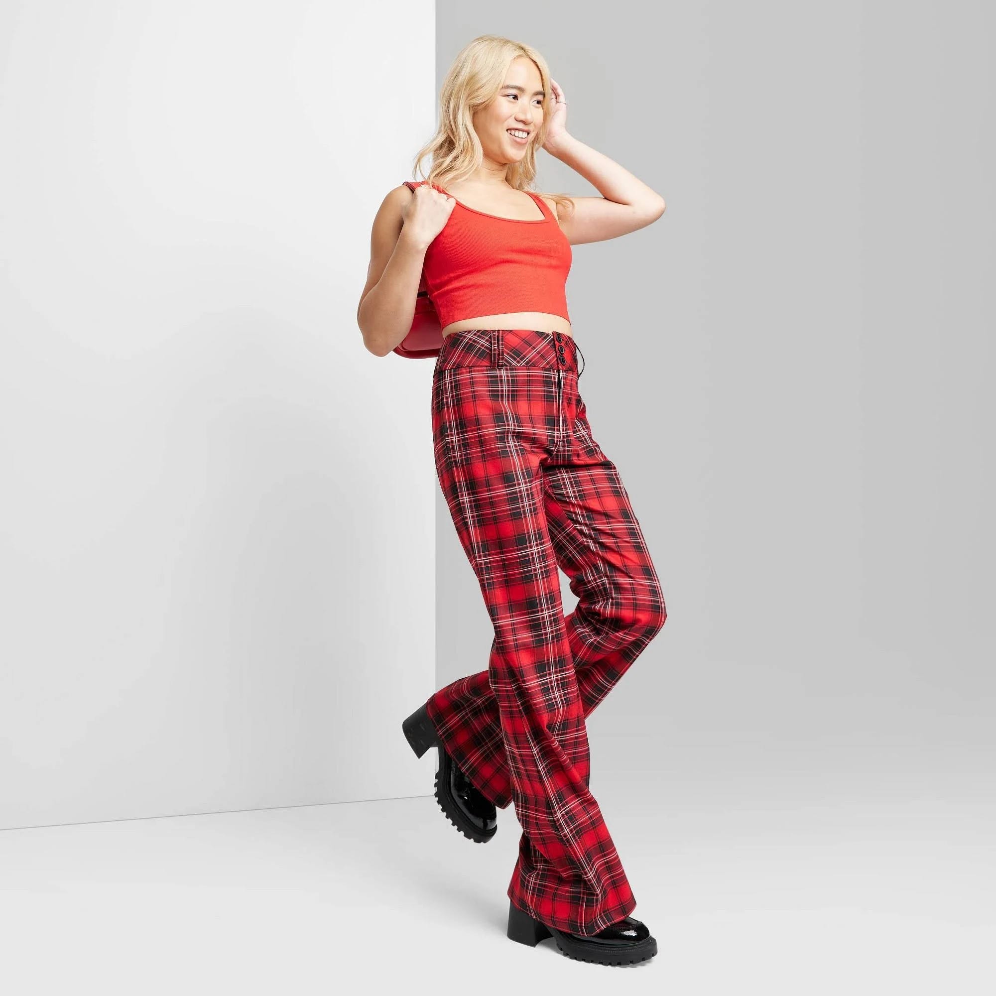 Curvy Dark Red Plaid High-Rise Flare Pants | Image