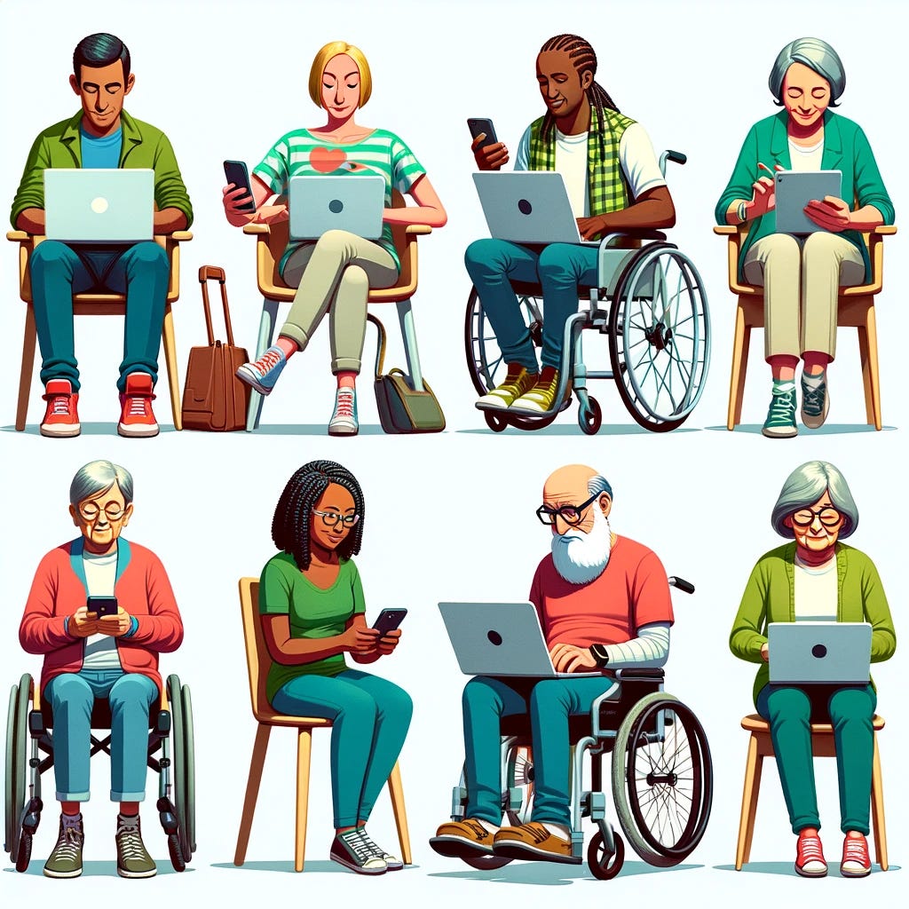 People with different abilities and disabilities using various digital devices.