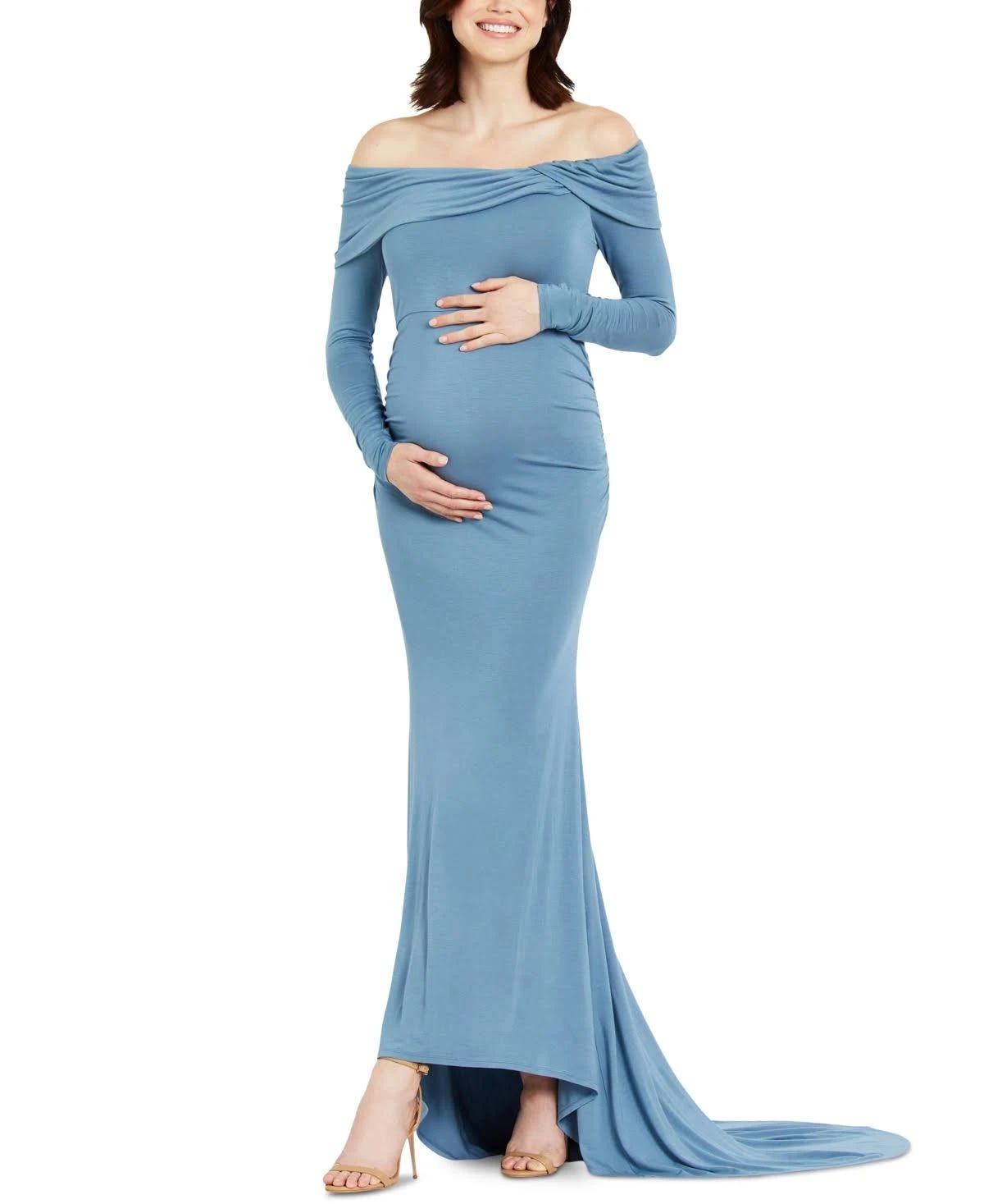 Stylish Maternity Blue Maxi Dress with Off-Shoulder Design | Image