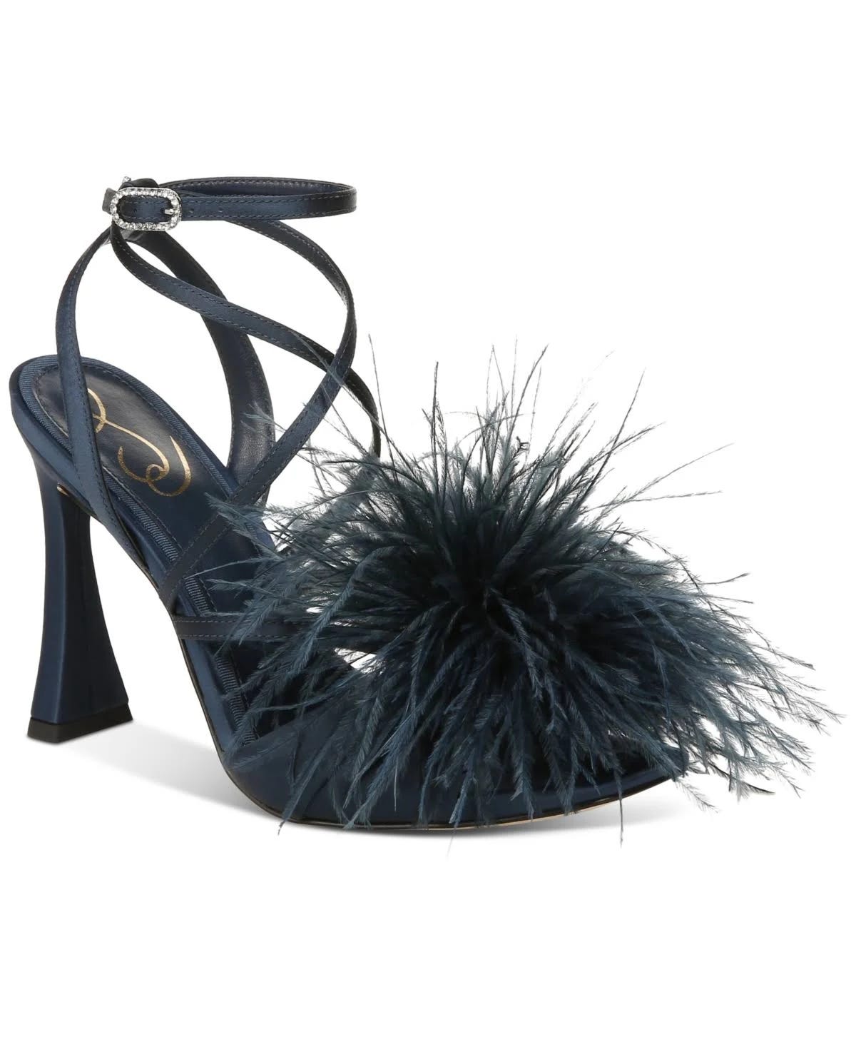 Satin-Strapped Feather Fashion Heels in Blue | Image