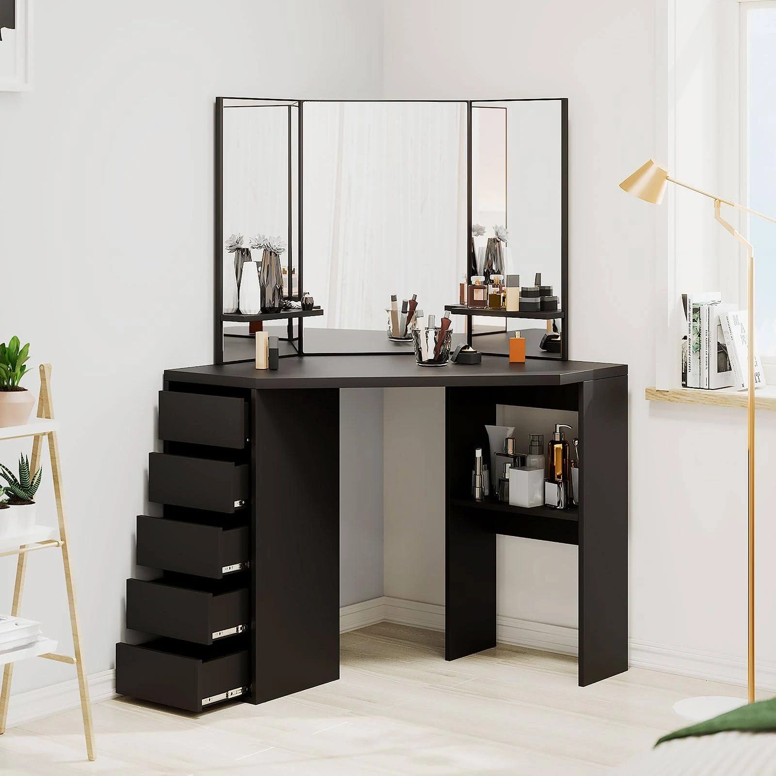 Elegant Corner Makeup Vanity with Tri-Fold Mirror and Storage | Image