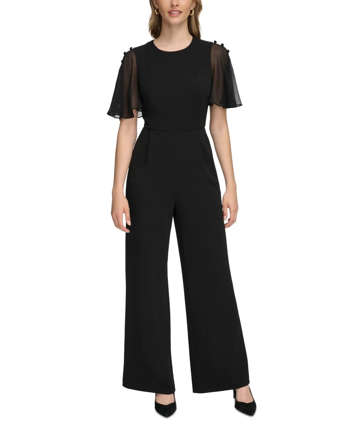 Calvin Klein Women's Flutter-Sleeve Scuba Crepe Jumpsuit - Black - Size 6 | Image