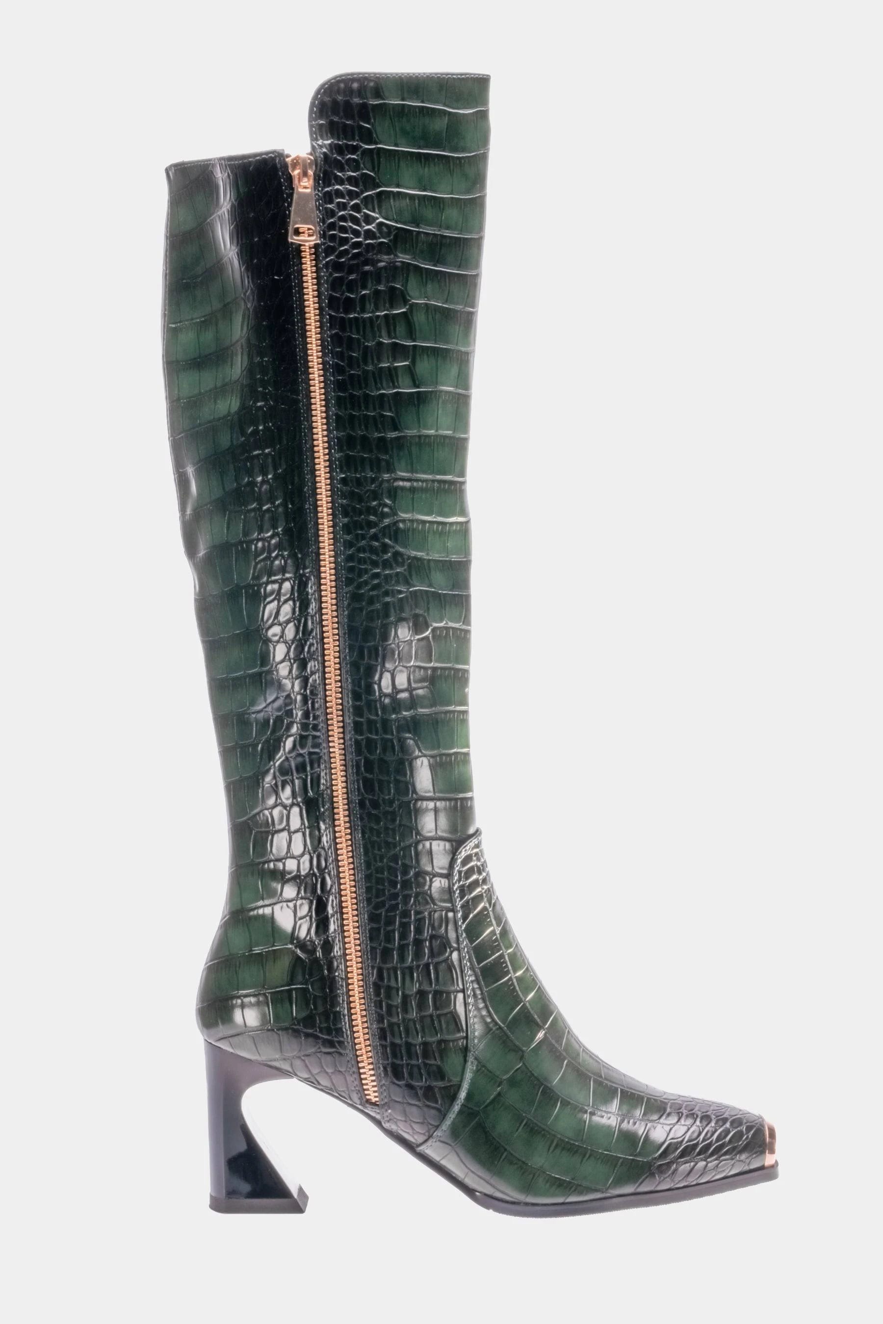 Curvy Knee High Heeled Boot with Croc Embossing | Image