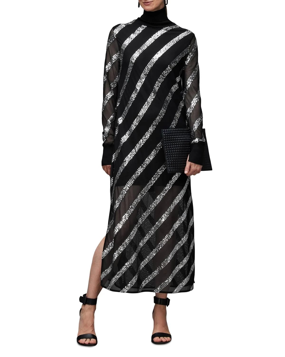 AllSaints Juela Long Sleeve Sequin Midi Dress in Black/Silver | Image