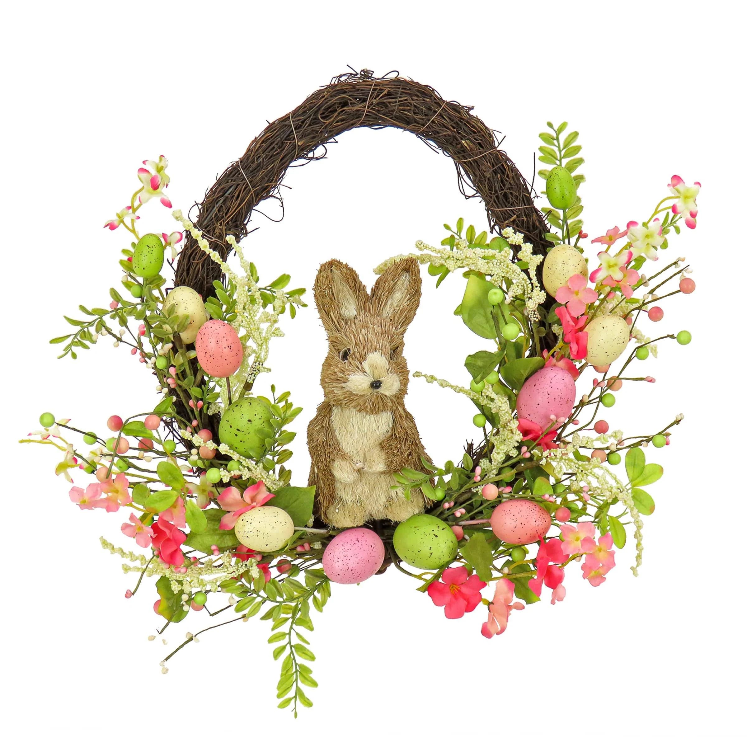 Pink Easter Bunny Oval Wreath with Pastel Eggs and Floral Decorations | Image