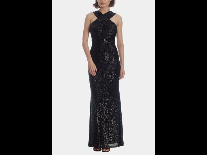 eliza-j-womens-sequined-crossover-neck-gown-black-size-9