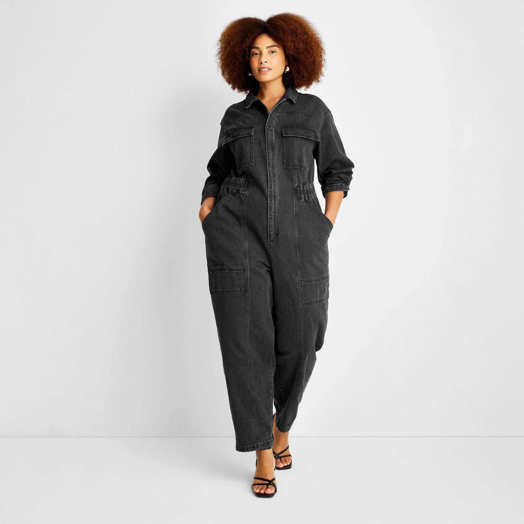 Stylish Black Denim Jumpsuit with Long Sleeves | Image