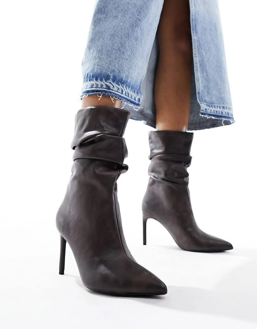 Stylish Slouchy Heeled Boots by Bershka in Washed Brown | Image