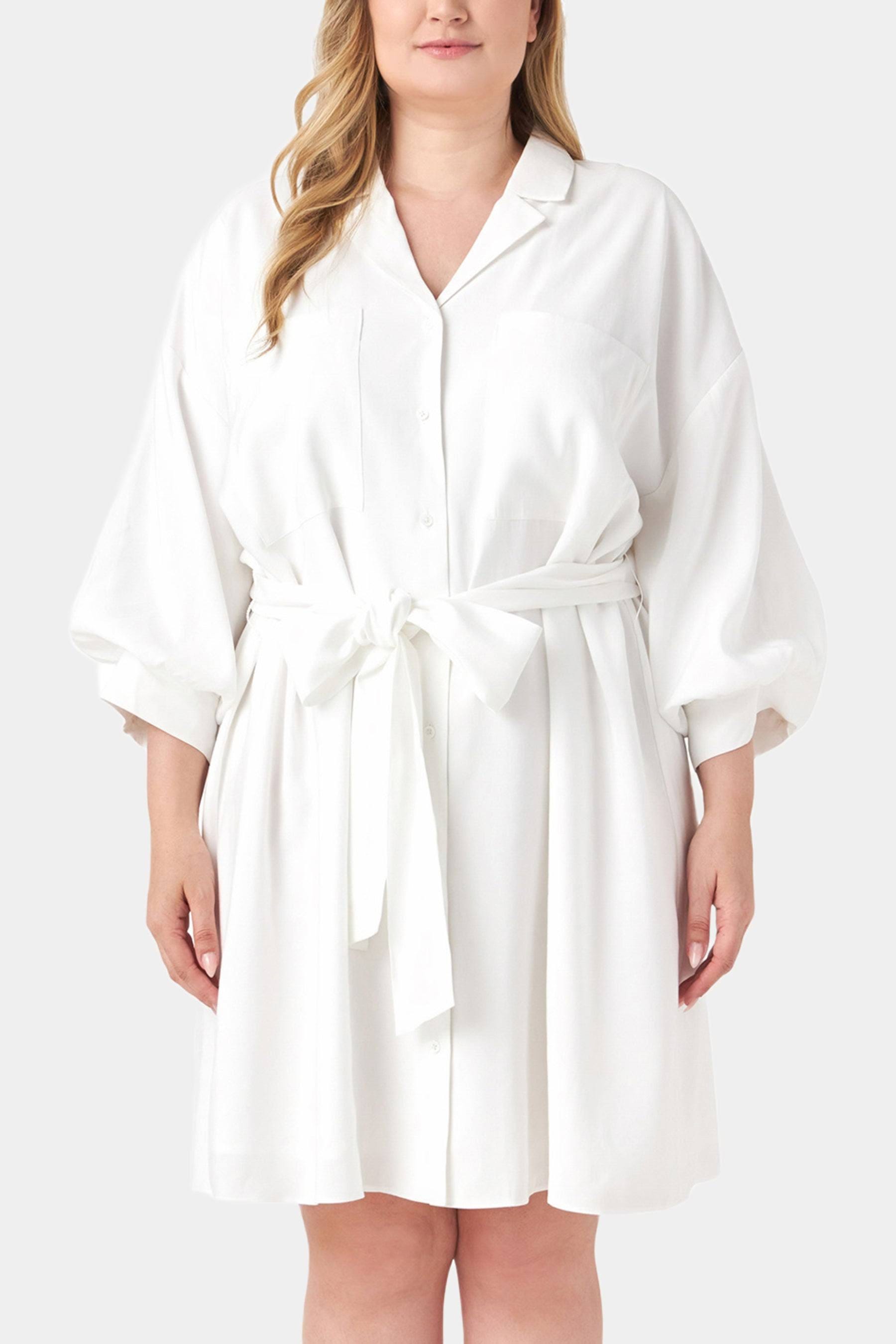 Chic Belted Mini Shirt Dress in White | Image