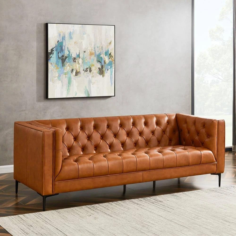 Luxury Cognac Leather Mid-Century Chesterfield Sofa | Image