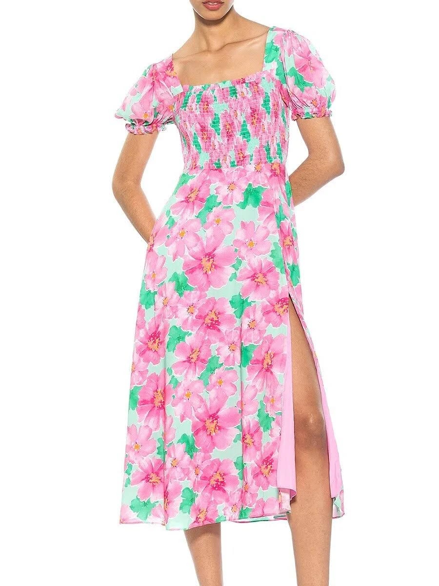 Sleek Pink Floral Midi Puff Sleeve Dress from Alexia Admor | Image