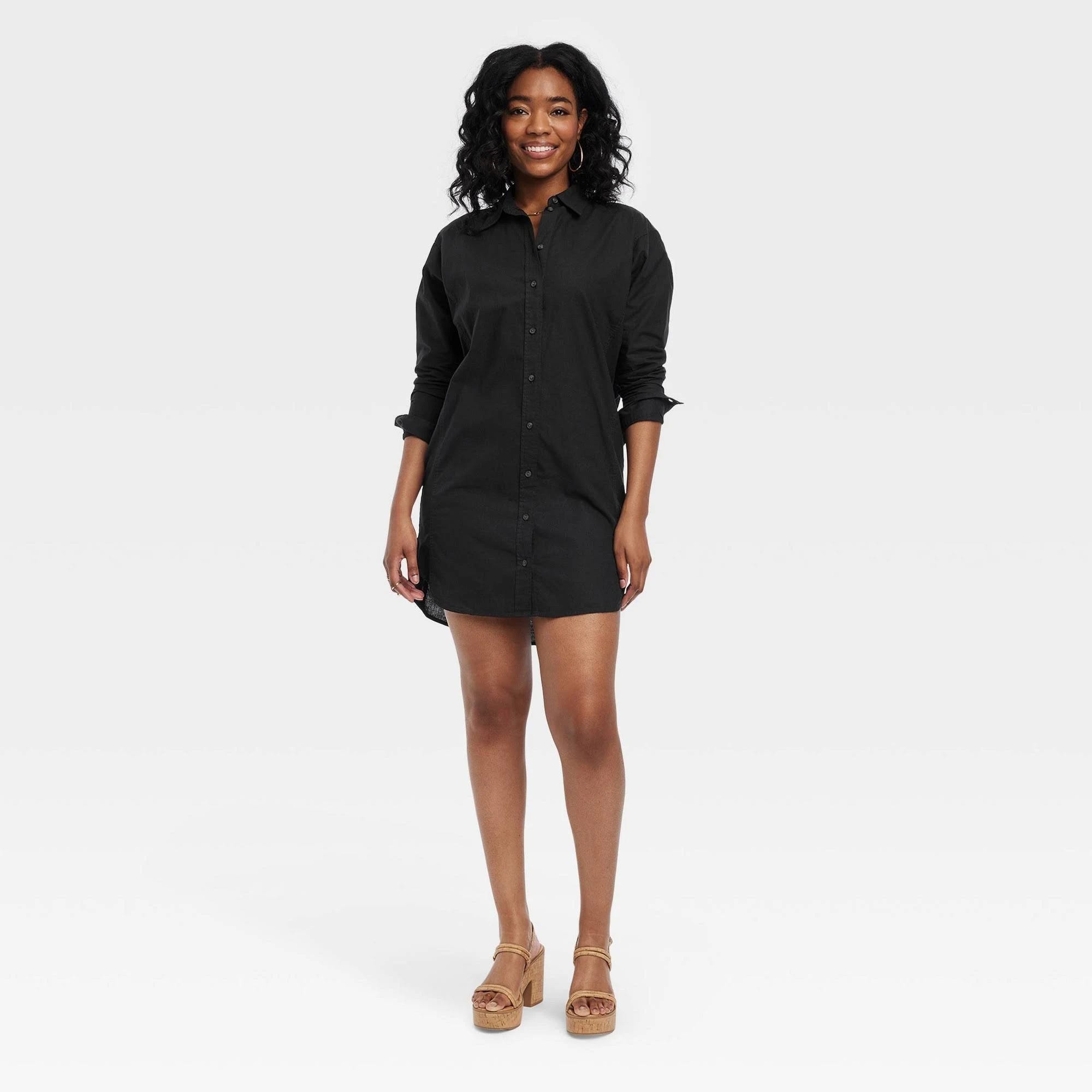 Universal Thread Women's Long Sleeve Mini Shirtdress - Black XS | Image