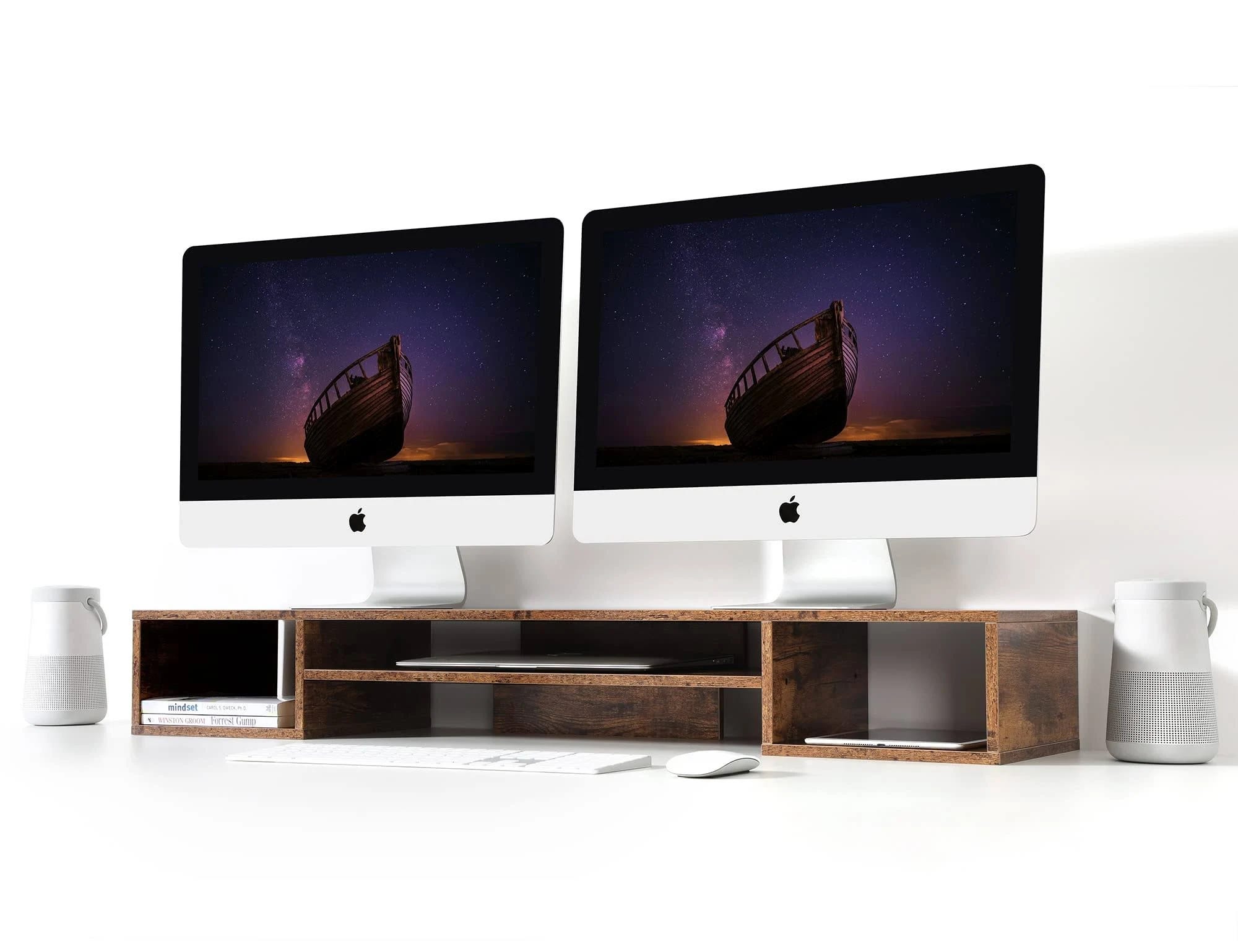GICLAIN Dual Monitor Riser with 4 Storage Compartments | Image
