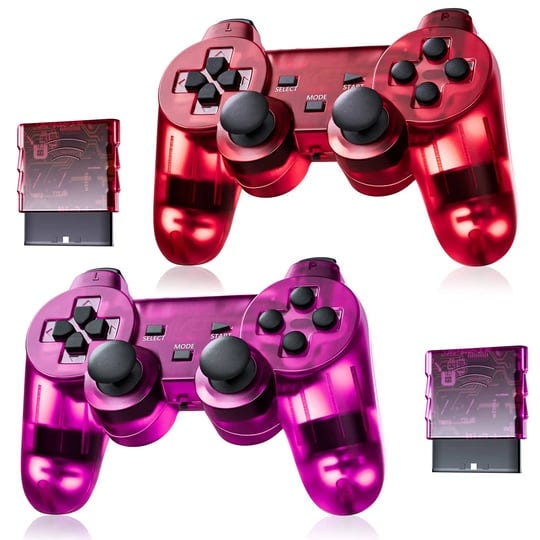 burcica-wireless-controller-for-ps2-play-2-dual-vibration-clearred-and-clearpurple-1