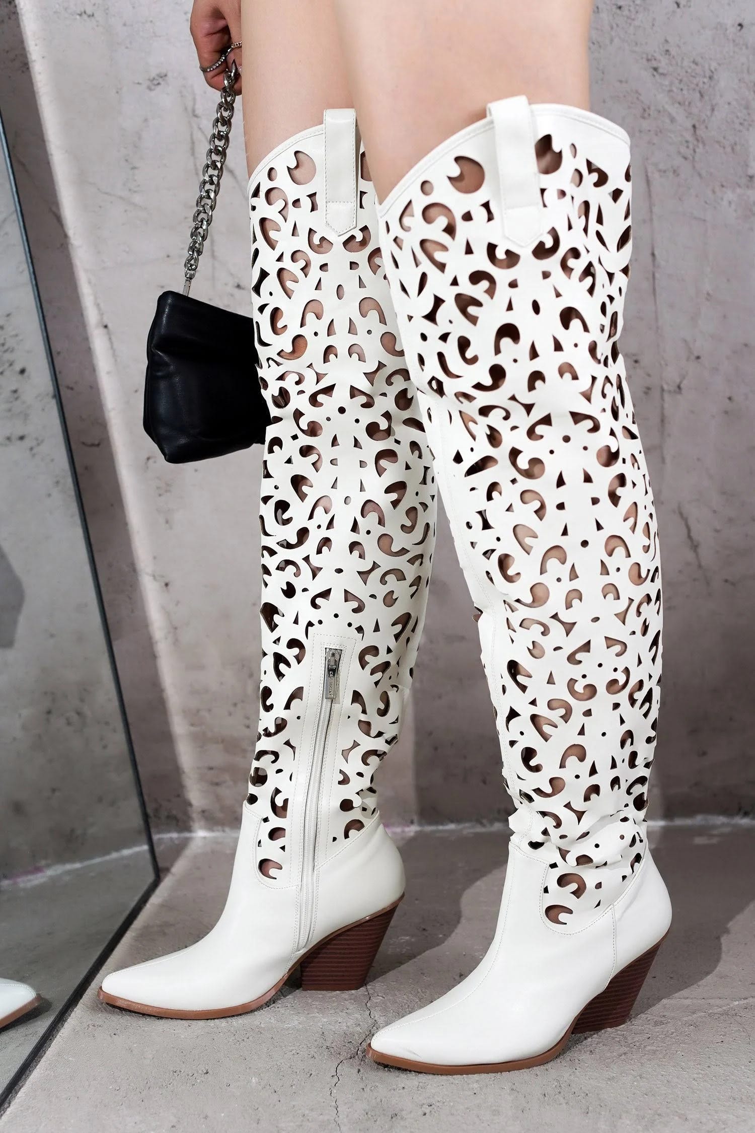 Off White Knee High Boots with Memory Foam Footbed - Stivale | Image