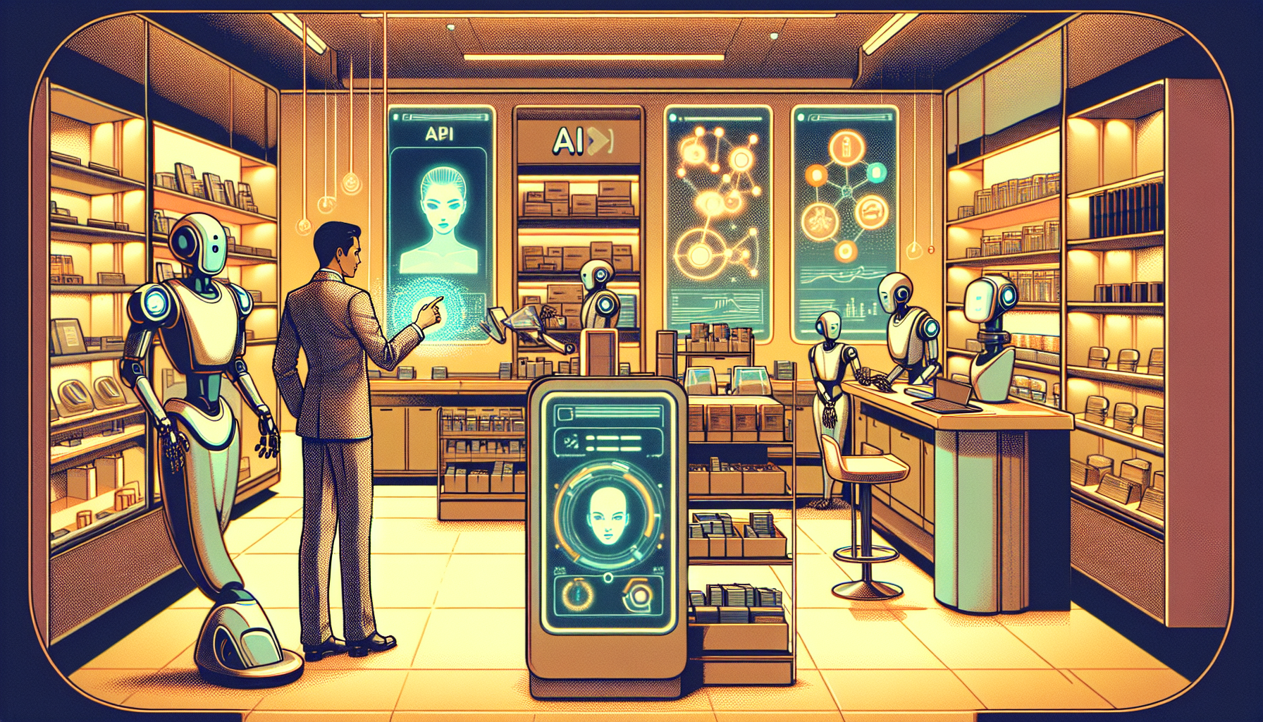 Create a futuristic scene inside a modern retail store where AI-powered robots assist customers and manage inventory. Show holographic displays showcasing product recommendations, while a business analyst monitors sales data and trends on a high-tech dashboard. The atmosphere should be sleek, innovative, and technologically advanced, highlighting the synergy between human and artificial intelligence in boosting sales.