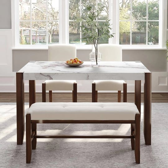 dining-furniture-set-faux-marble-table-and-upholstered-chairs-bench-with-wood-legs-brown-1