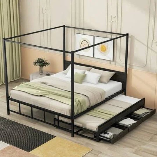 churanty-queen-size-canopy-platform-bed-with-trundle-metal-four-poster-canopy-bed-frame-with-for-3-s-1