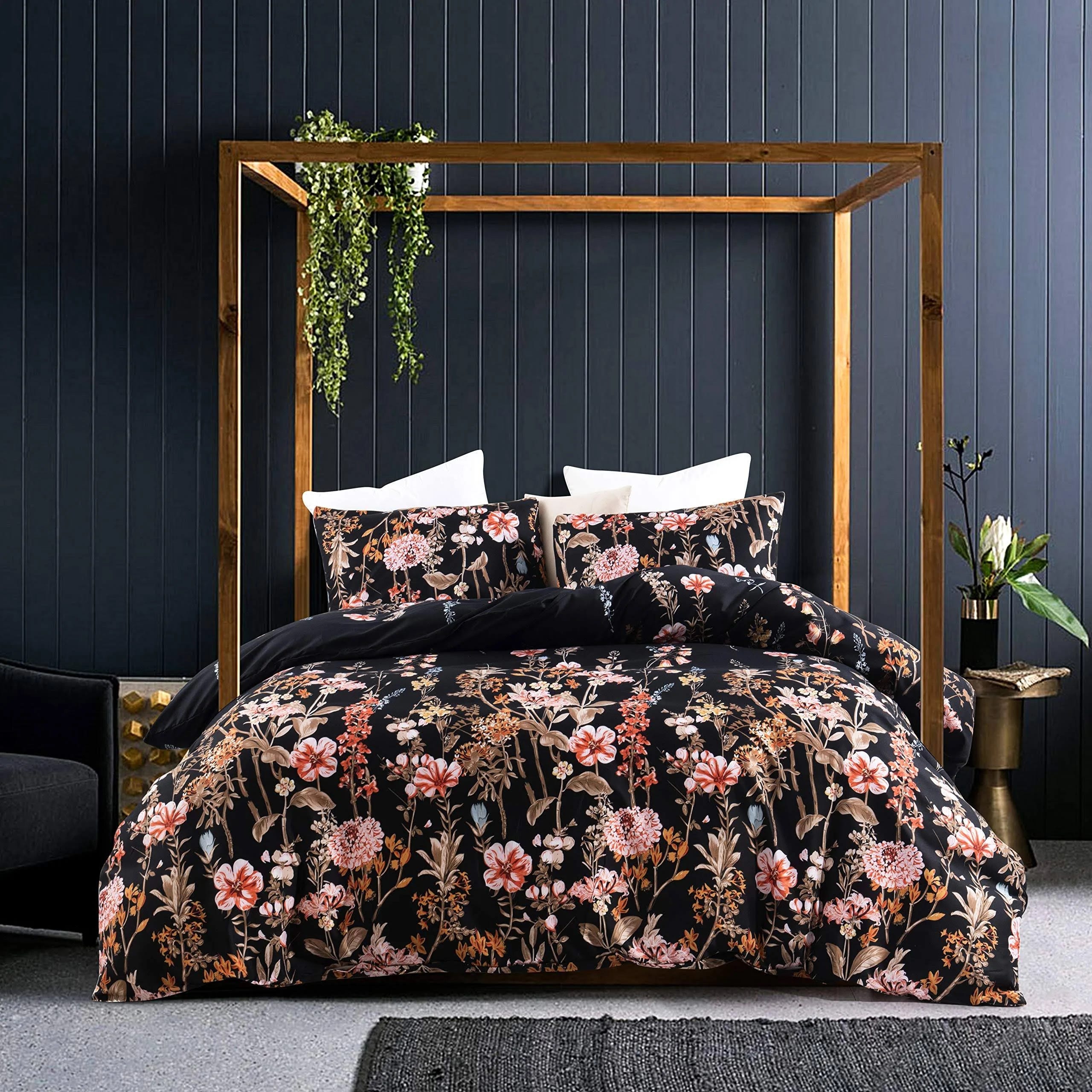 Floral Duvet Cover Set - Black Floral Design | Image