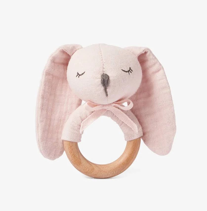 Delicate Bunny Baby Wooden Rattle with Organic Cotton Muslin | Image