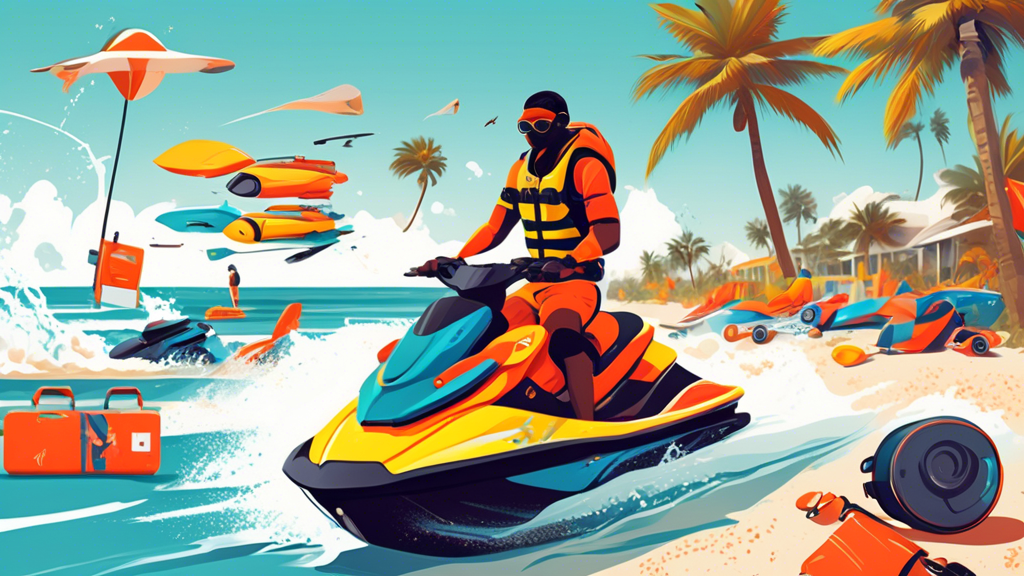 A jet ski rider on a Florida beach, with various safety equipment displayed around them, like life jackets, sunscreen, a first-aid kit, and a waterproof phone case.