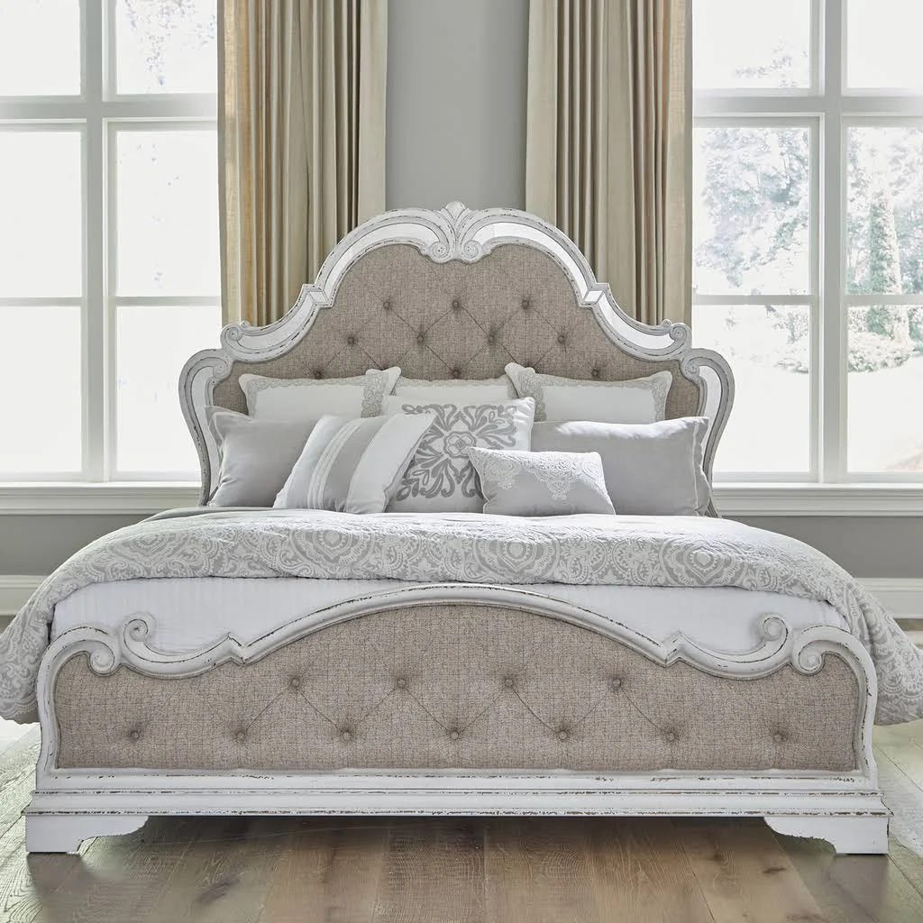 Magnolia Manor Queen Upholstered Bed - Antique White Finish with Distressing | Image