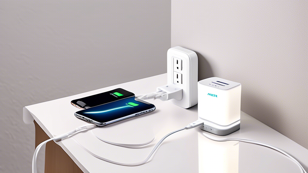 Create an image of a modern, sleek Anker PowerPort Speed 5 USB Wall Charger in action, efficiently charging multiple devices at once against a clean, minimalist backdrop. Show the charger