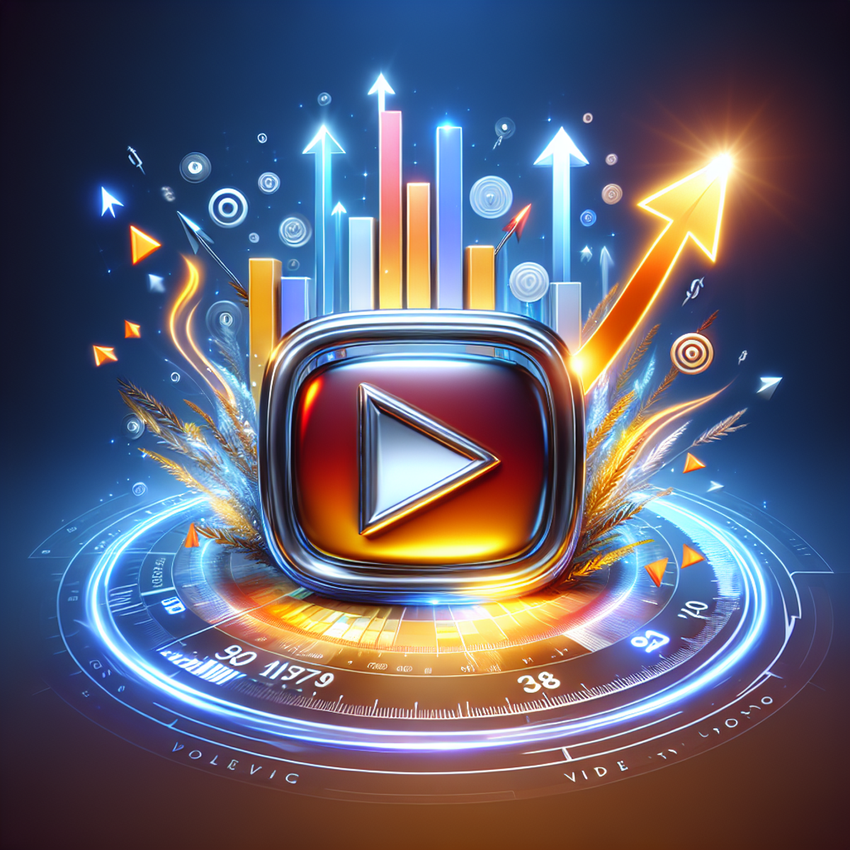 A vibrant image of a large polished play button surrounded by energetic, upward-pointing arrows, symbolizing growth and visibility achieved through efficient YouTube SEO.