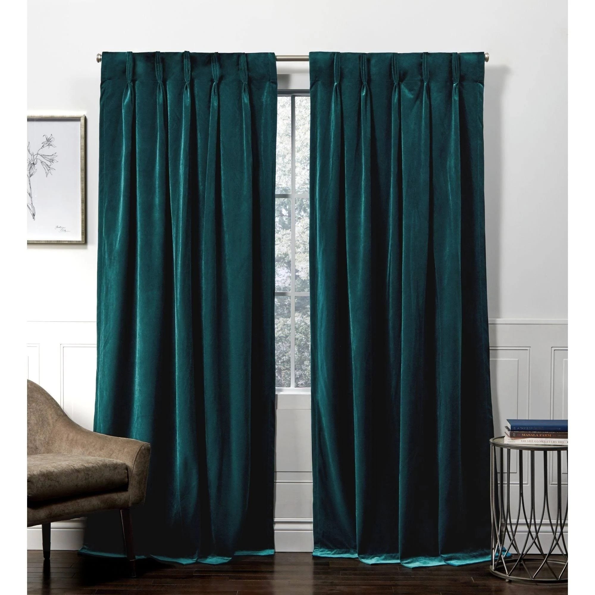 Exclusive Home Luxury Teal Pinched Pleat Velvet Curtains | Image