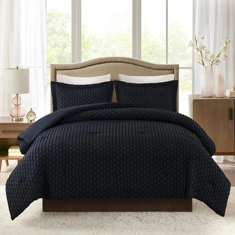 Comfortable Black Tufted Microfiber Queen Comforter Set | Image