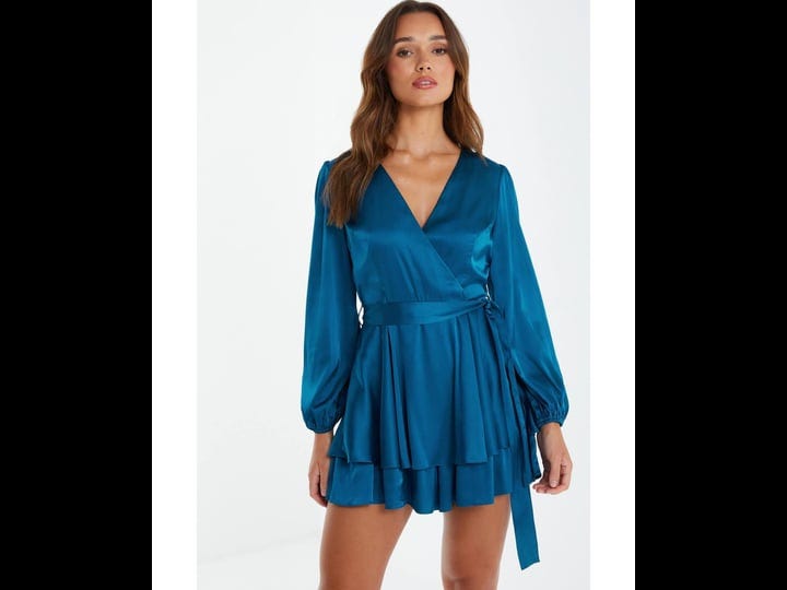 quiz-satin-balloon-sleeve-frill-romper-green-1