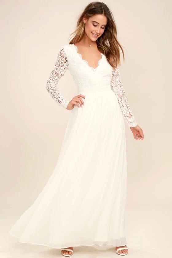 White Lace Maxi Dress: Alluring V-neck with Sheer Sleeves and Fitted Waist | Image