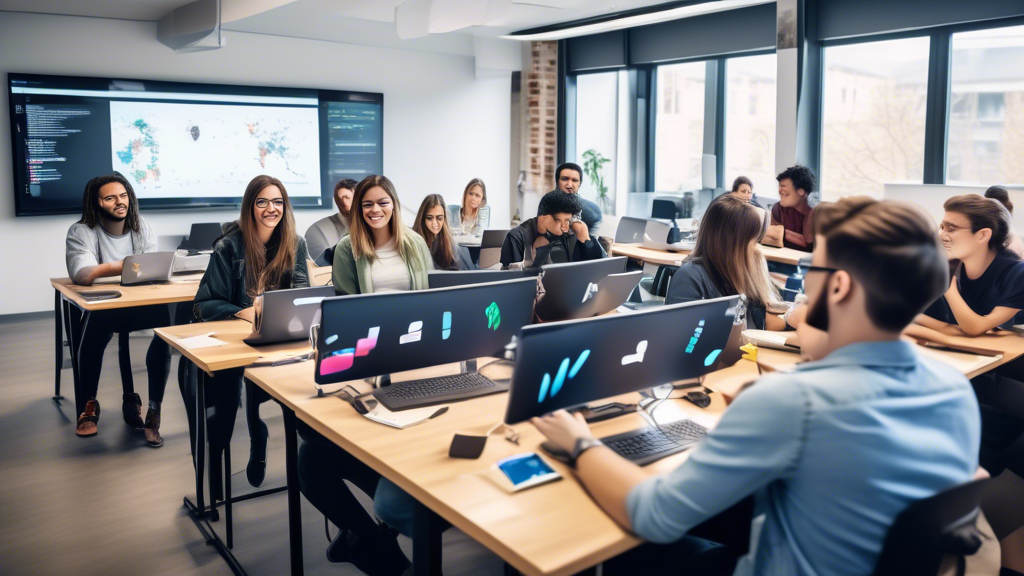 A group of students attending a digital marketing course, learning about the latest trends and strategies while using computers and collaborating with each other in a bright and modern classroom. The course is being led by a renowned digital marketing expert, who is presenting on a large screen. The overall atmosphere is one of enthusiasm and engagement, as the students are eager to enhance their knowledge and skills in the field of digital marketing.