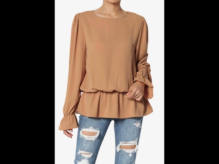 themogan-womens-sxl-puff-long-sleeve-shirred-drop-waist-chiffon-ruffle-peplum-blouse-size-small-brow-1