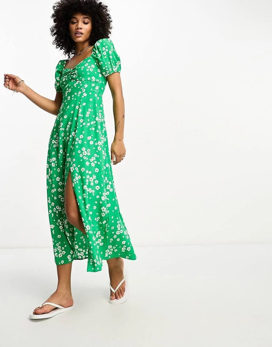 Elegant Puff Sleeve Midi Dress in Green Print - By & Other Stories | Image
