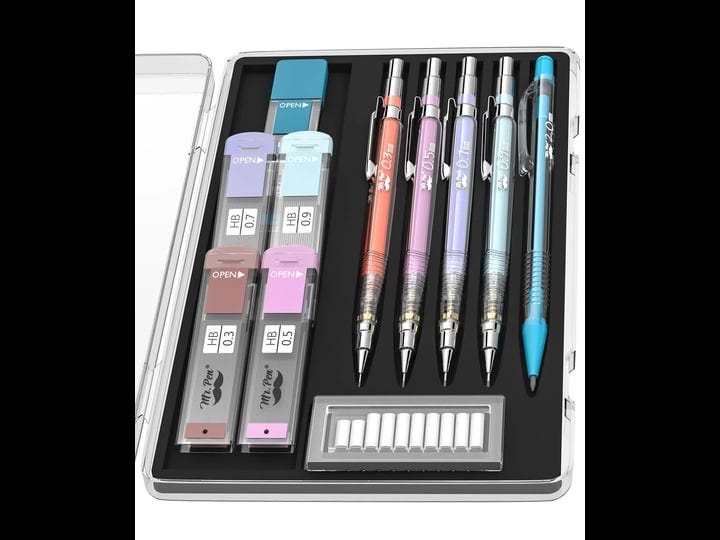 mr-pen-pastel-mechanical-pencil-set-with-black-lead-and-eraser-refills-clear-barrel-0-3-0-5-0-7-0-9--1