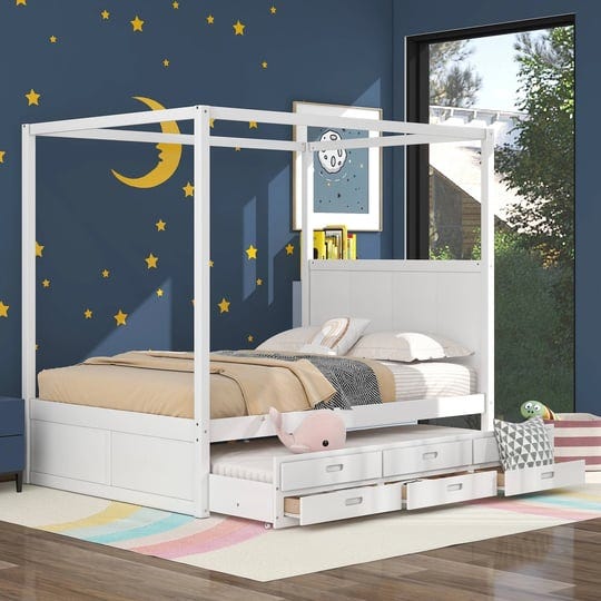 queen-size-pine-wood-canopy-platform-bed-with-twin-size-trundle-bed-3-built-in-storage-drawers-and-w-1