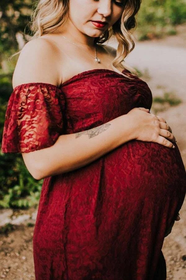 Elegant Off-Shoulder Red Maternity Gown | Image