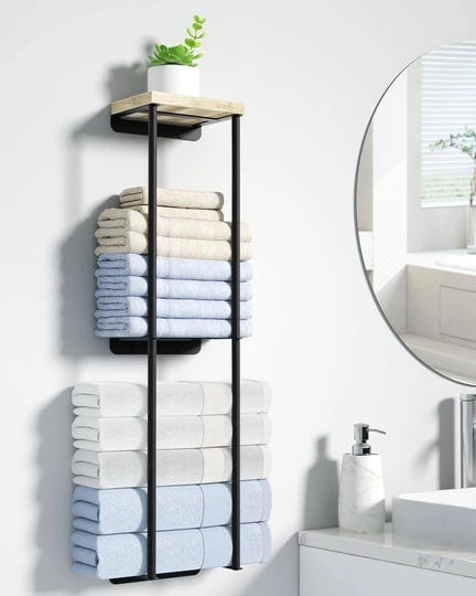 nroech-towel-racks-for-bathroom-2-tier-wall-towel-holder-with-wood-shelf-metal-wall-towel-rack-mount-1