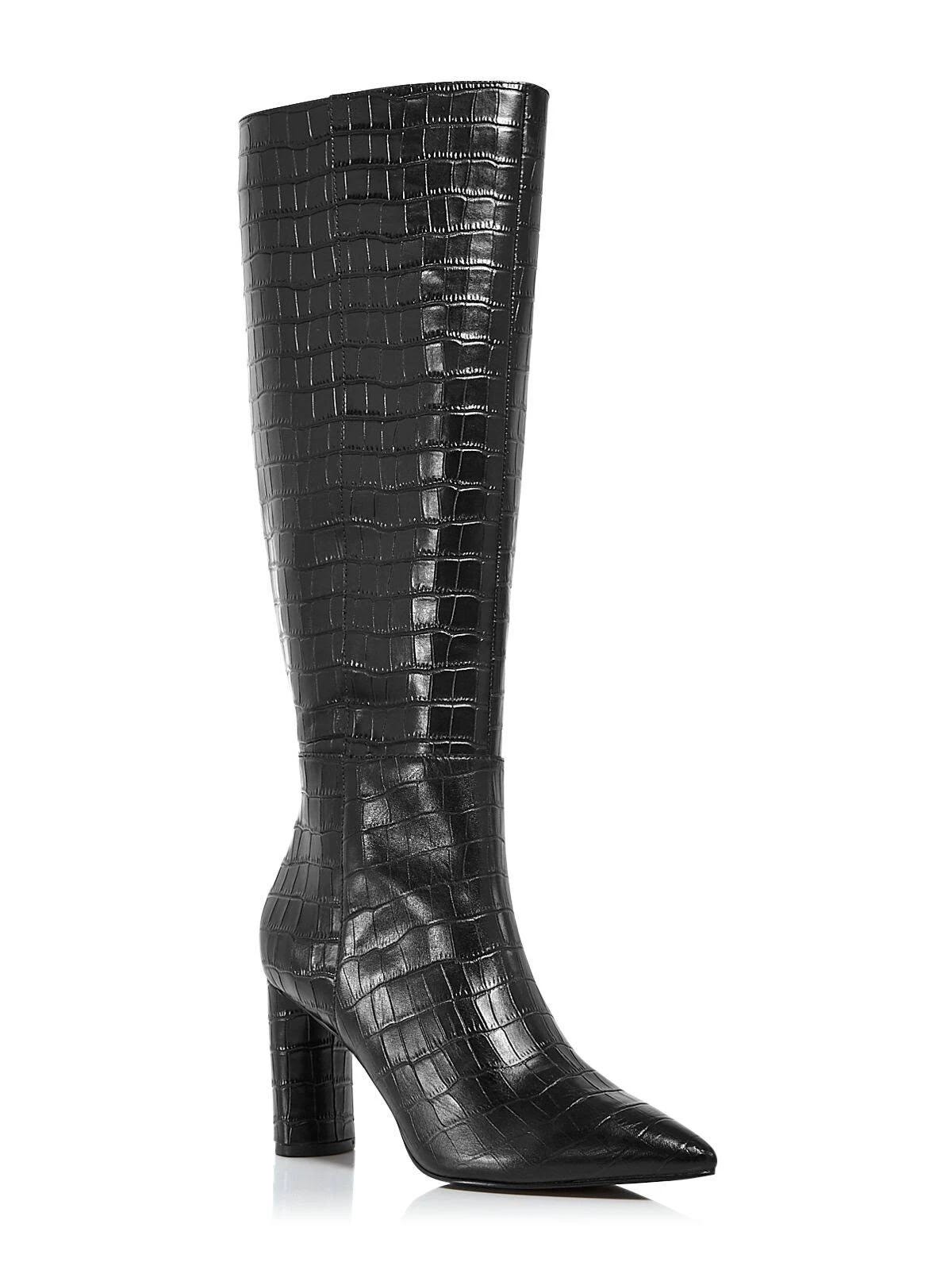 AQUA Block Heel Square Toe Tall Boots - Black Croc (8) | Image