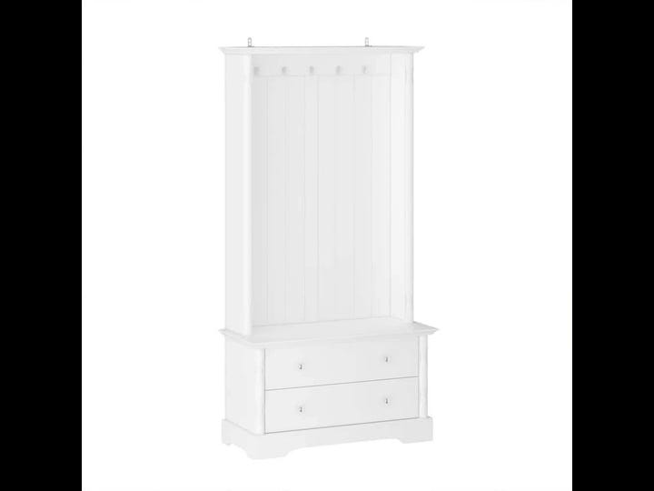 fufugaga-white-wooden-freestanding-storage-hall-tree-coat-rack-with-5-silver-hooks-seat-2-large-draw-1