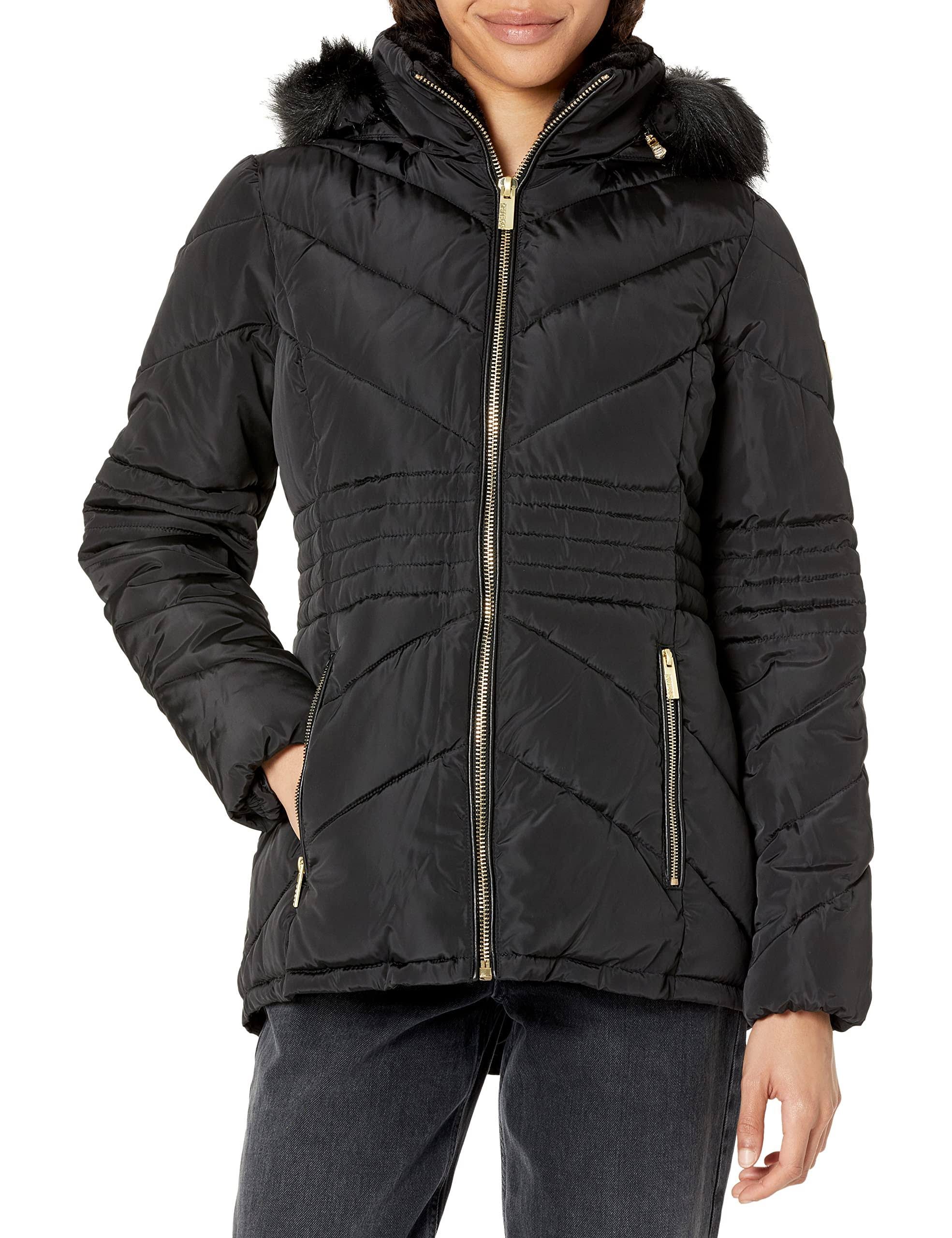 Luxurious Black Hooded Puffer Jacket with Faux Fur Trim | Image