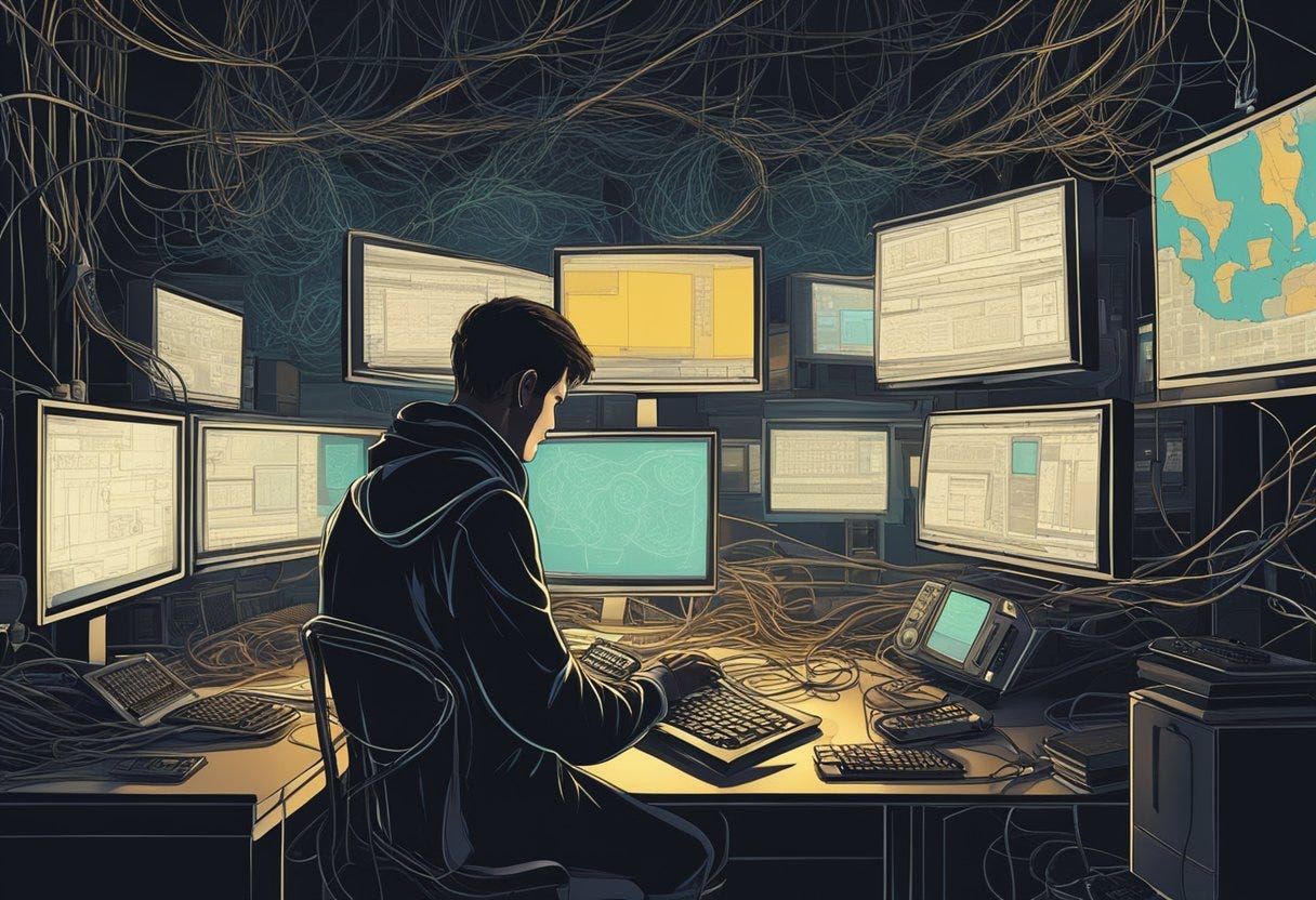 A shadowy figure peers at a glowing screen, typing furiously, surrounded by dimly lit monitors and a tangle of wires