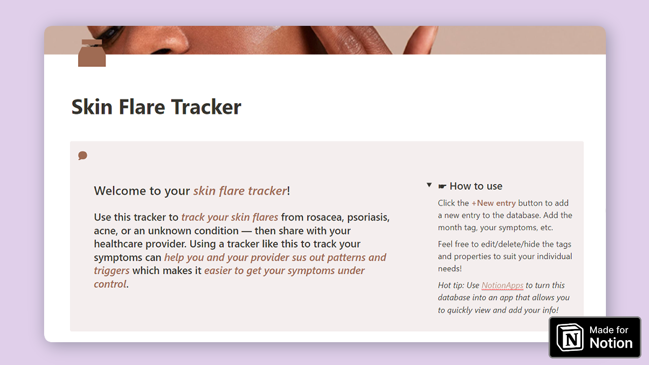 skin flare tracker by Sue-Jan Noreiga  | Elcovia Marketplace | Notion Templates | Notion Creators