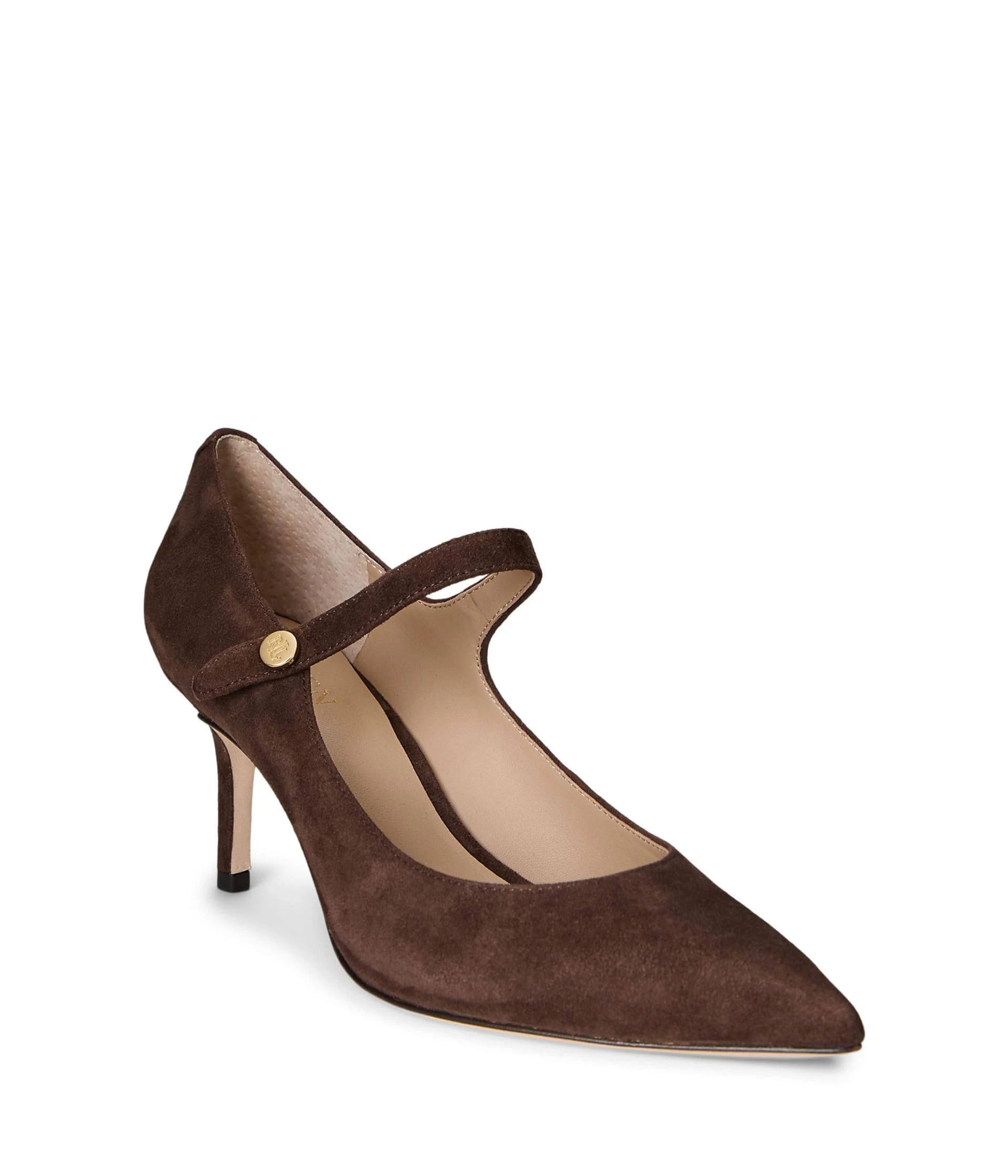 Comfortable Brown Pumps for Women - Leather Upper, Padded Insole, and Embellished Straps | Image