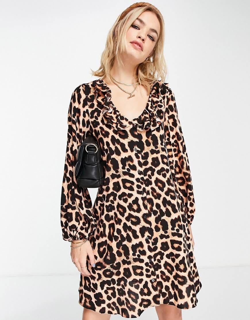 Leopard Print Mini Dress with Puff Sleeves and V-neck | Image