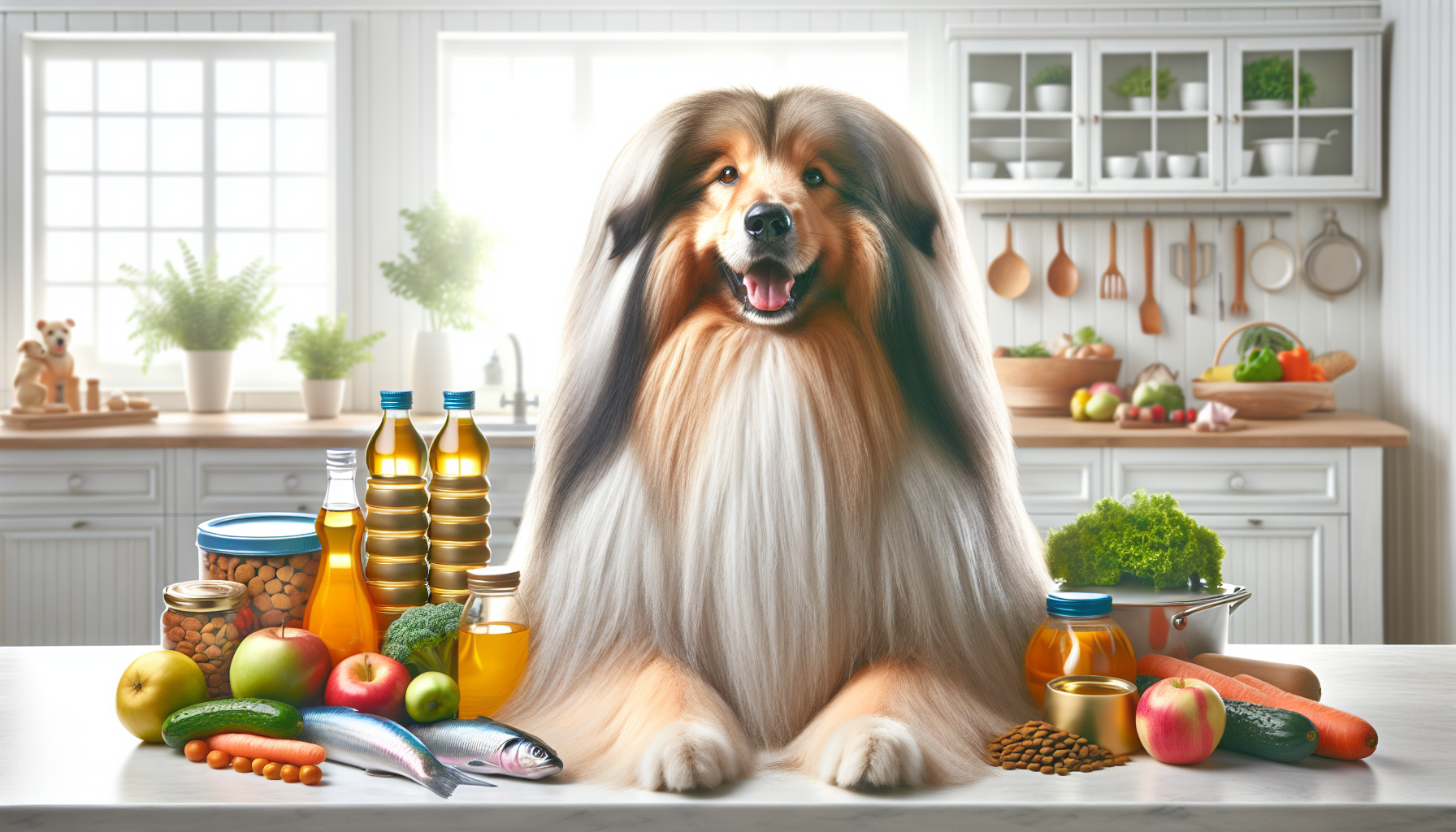 A vibrant, healthy long hair dog sitting contentedly in a well-lit kitchen. Surround the dog with various high-quality dog food brands, fresh fruits, vegetables, and dietary supplements like fish oil bottles. Highlight the shine and lushness of the dog